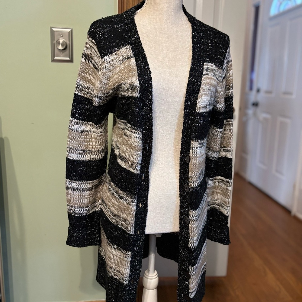 Wet Seal XL Striped Black Cream Silver Women's Sweater Cardigan